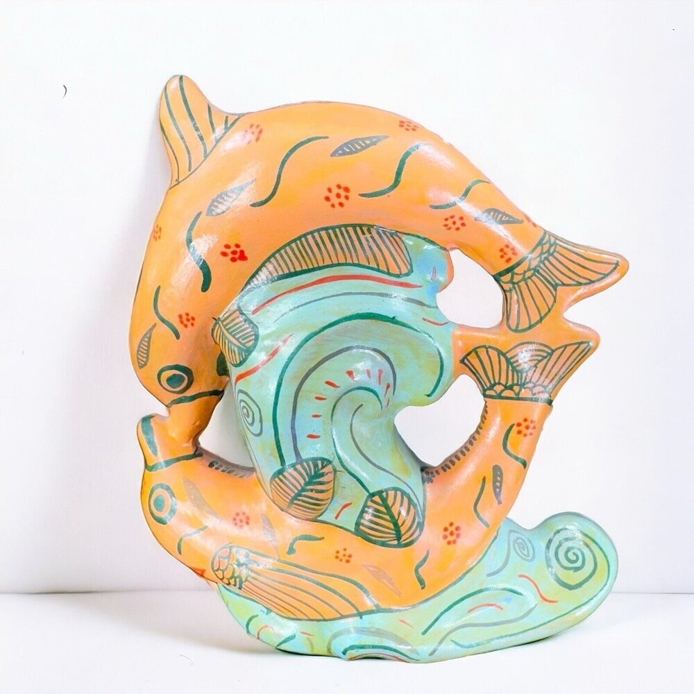 Mexico Folk Art Pottery Tonala Ceramics Orange Dolphins Fish On Wave Painted